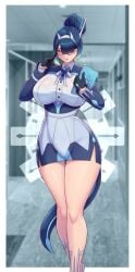 1girls big_breasts blue_hair blue_lipstick breasts dialga female frozenmullet glasses gloves hair_bun holding_object huge_breasts humanization humanized humanized_pokemon lipstick office_lady pokemon pokemon_(species) pokemon_dppt red_eyes tagme tail thighs