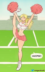 1futa accidental_exposure blonde_hair blue_eyes cheerleader cheerleader_uniform color dialogue ear_piercing exposed_penis field football_field futa_only futanari kurgandraws long_hair looking_at_viewer midriff miniskirt navel nipple_bulge one_leg_up panties penis_slip penis_under_skirt pom_poms sneakers solo_futa text twitter_username wardrobe_malfunction white_panties