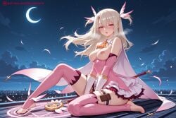1girl ai_generated bangs bare_shoulders blonde_hair blush boots breasts breasts_outside cloud crescent_moon detached_sleeves elbow_gloves eyebrows_visible_through_hair fate_(series) feathers full_body gloves hair_between_eyes hair_feathers hi_res high_quality high_resolution illyasviel_von_einzbern kiraamane long_hair looking_at_viewer magical_girl magical_ruby medium_breasts moon night night_sky nipples open_mouth outdoors patreon pink_footwear pink_gloves pink_legwear pink_sleeves prisma_illya red_eyes seductive sexy silver_hair sitting sky solo star_(sky) starry_sky thigh_boots thighhighs two_side_up uncensored wand watermark white_feathers