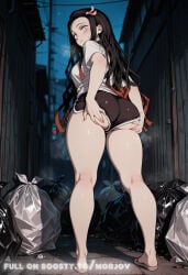 1girl ai_generated ass ass_focus ass_grab bag demon_slayer dolphin_shorts hi_res highres homeless kamado_nezuko kimetsu_no_yaiba large_ass large_breasts nezuko_kamado night solo street trash white_shirt