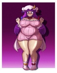 1girls areola_bulge breasts cameltoe child_bearing_hips chubby chubby_female crescent_hat_ornament embarrassed erofabist fabstdraws female huge_breasts long_hair mob_cap patchouli_knowledge plump purple_eyes purple_hair thick_thighs tight_dress touhou wide_hips
