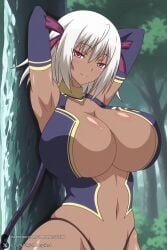 1female 1girl 1girls 2026 ai_generated armpits arms_up artist_name big_ass big_breasts breasts cleavage curvy dark-skinned_female dark_elf dark_skin elbow_gloves elf gloves hair_ribbon hi_res high_quality high_resolution highres huge_ass huge_breasts looking_at_viewer navel ochi_mono_rpg_seikishi_luvilias patreon patreon_username pink_eyes pointy_ears purple_eyes revealing_clothes ribbon short_hair smile solo tia_(ochi_mono_rpg_seikishi_luvilias) tree underwear unjobdespiert watermark white_hair