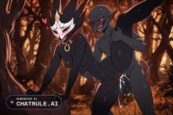 1boy ai_assisted ai_generated black_skin cock_in_pussy collar cowgirl creampie embarrassed flat_color helluva_boss high_quality inside leaning_forward male_focus moaning no_humans outfit outside paimon_(helluva_boss) parted_bangs pussy_sex red_eyes saliva shaking side_view solo spread_legs standing_doggystyle tree white_mask
