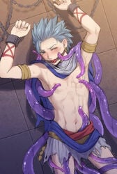 1boy arms_up ball_gag bdsm blue_eyes blue_hair blush bondage bound chain chained chains clothing cuffs dragon_quest dragon_quest_xi earrings erik_(dq11) gag highres implied_anal jewelry male male_focus male_only mondi_hl navel nipples one_eye_closed purple_tentacles rape restrained shackles shirtless short_hair solo spiked_hair tentacle tentacle_on_male tentacles tentacles_on_male topless topless_male torn_clothes twink