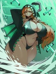 1girls alternate_version_available artist_request bikini blind_obsession_ishmael_(limbus_company) blush blushing blushing_female bow bow_in_hair breasts breasts_bigger_than_head e.g.o_(project_moon) female hair hoodie huge_breasts huge_thighs ishmael_(limbus_company) limbus_company long_hair project_moon sharp_teeth teeth teeth_showing thick_thighs thighs white_bow