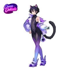 1femboy anime anime_style black_hair blue_eyes bodysuit cat_ears cat_tail clothed clothing cosmic_cocktails femboy holding_object jacket kemonomimi neko nipples_visible_through_clothing original original_character pale-skinned_femboy pale_skin sci-fi sneakers tagme tattoo tattooed_arm transparent_bodysuit transparent_clothing twink video_game_character video_games
