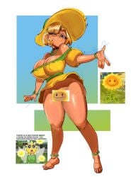 1girls female female_focus female_only garp_sand humanized humanoidized large_breasts looking_at_viewer plants_vs_zombies skirt skirt_lift sunflower_(pvz) tanned_skin without_underwear