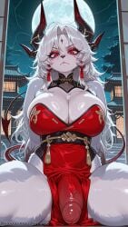1girl ai_generated architecture breasts cleavage closed_mouth decurse demon_horns dress earrings east_asian_architecture erection facial_mark full_moon furry furry_female futanari horns jewelry large_breasts long_hair looking_at_viewer mole mole_under_eye moon night pelvic_curtain penis pov red_dress red_eyes sky solo spread_legs tail uncensored veins veiny_penis white_hair wuthering_waves zani_(wuthering_waves)