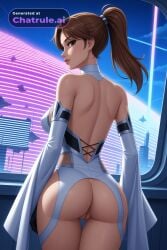 1girl ai_assisted ai_generated armor bare_shoulders big_lips black_bodysuit black_hair breasts brown_eyes brown_hair city cityscape clouds cowboy_shot crotchless curvy dark_theme detailed_pussy dynamic_lighting elbow_gloves fishnets gloves high_contrast kagami_hirotaka koukawa_oboro lipstick long_hair looking_at_viewer makeup mole mole_under_eye neon_lights night night_sky outdoors padme_amidala ponytail seductive_face seductive_smile soft_shading solo star_wars taimanin_asagi_zero taimanin_suit thigh_gap visible_pussy