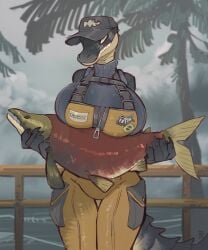 1girls anthro anthro_female background brazilian_flag breasts caley_(foresttherotten) crocodile crocodile_tail crocodilian female fish fishing foresttherotten hat huge_breasts lake lakeside original original_character salmon scalie scalie_female scalie_humanoid sharp_teeth tail teeth teeth_showing teeth_visible