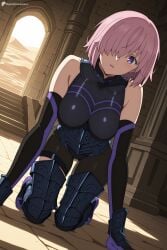 1girl ai_generated all_fours armor armored_boots bare_shoulders black_leotard blush breasts digitalwaifugallery elbow_gloves fate_(series) gloves hair_over_one_eye hi_res high_quality high_resolution large_breasts leotard looking_at_viewer mash_kyrielight open_mouth patreon pink_hair purple_eyes purple_gloves seductive sexy short_hair solo thighhighs uncensored watermark