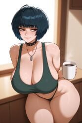 1girls ai_generated asian_female big_breasts blue_hair blush breasts choker cleavage coffee curvy curvy_female female huge_breasts large_breasts light-skinned_female necklace panties persona persona_5 red_eyes short_hair smile stuffyai tae_takemi tank_top thick underwear voluptuous voluptuous_female wide_hips