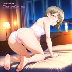 1girl ai_assisted ai_generated all_fours anime_screenshot asymmetrical_hair barefoot candle_light candles covered_erect_nipples dark_room half_closed_eyes highres hotel_room leotard looking_at_viewer looking_back_at_viewer nakasu_kasumi night on_all_fours on_bed parted_lips short_hair shy small_ass small_breasts soles solo viewed_from_behind window