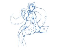 2020 4_fingers 5:4 anthro arm_support barely_visible_genitalia barely_visible_penis big_penis biped blue_and_white bottomless breasts claws cleavage clothed clothing computer crossed_legs cup elegant eyebrows facial_markings felid fingers flaccid fluffy fluffy_tail front_view fur fur_markings fur_tuft futanari genitals gynomorph hair half-closed_eyes head_markings holding_cup holding_object huge_cock intersex laptop leg_tuft line_art long_tail looking_at_viewer mammal markings monochrome narrowed_eyes navel necktie no_underwear notebook pantherine penis portrait pubes sarki sarki_(character) shirt short_hair simple_background sitting sketch sleeveless_shirt snow_leopard solo spots spotted_body spotted_fur tail_tuft three-quarter_portrait three-quarter_view topwear tuft unfinished white_background