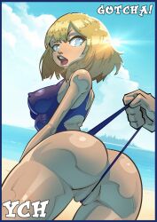 beach blonde_hair blue_eyes erect_nipples looking_at_viewer mhoff_art sideboob summer surprised_expression swimsuit