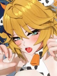 1girls blonde_hair cow_ears_headband cowbell_collar cowprint_bikini dokibird head_wings indie_virtual_youtuber looking_at_viewer loshi suggestive_gesture suggestive_posing vtuber