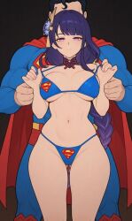 1boy 1boy1girl 1female 1girl 1girls ai_assisted ai_generated bikini bikini_bottom bikini_only bikini_pull bikini_top crossover crossover_cosplay crossover_pairing dc dc_comics eastern_and_western_character faceless_character faceless_male genshin_impact hair hair_ornament purple_eyes purple_hair raiden_shogun superman superman_(clark_kent) superman_(cosplay) superman_(series) superman_logo