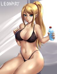 1girls big_breasts blonde_hair blue_eyes breasts cleavage female leonart long_hair looking_at_viewer metroid nintendo nipples_visible_through_clothing ponytail samus_aran solo sweat thick_thighs thighs thong wide_hips