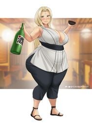 1girls alcohol blonde_hair bottle brown_eyes chubby clothed drunk fat female female_only long_hair looking_at_viewer mature_female naruto overweight slightly_chubby solo solo_female toroboro tsunade