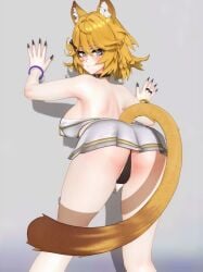 ahoge bent_forward black_claws black_nails black_panties blonde_hair bracelets cat_ears cat_tail cyan_eyes dokibird dokibird_(dokitty) hands_on_wall head_wings indie_virtual_youtuber looking_back_at_viewer loshi upskirt vtuber