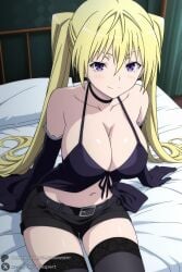 1female 1girl 1girls 2026 ai_generated artist_name bare_shoulders bed belt big_ass big_breasts black_gloves black_shorts black_thighhighs blonde_hair blush breasts choker cleavage collarbone curvy elbow_gloves gloves hair_between_eyes hi_res high_quality high_resolution highres huge_ass huge_breasts indoors large_breasts lieselotte_sherlock long_hair looking_at_viewer navel on_bed patreon patreon_username purple_eyes short_shorts shorts sitting smile solo thighhighs trinity_seven twintails unjobdespiert very_long_hair watermark
