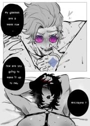 big_breasts black_hair black_lipstick blue_eyes dialogue english english_text glasses glasses_on_face greyscale highres league_of_legends locke_(lol) oral oral_sex pussy_ejaculation pussy_juice pussy_licking red_nails tagme tattoo tattooed_arm tattoos vayne