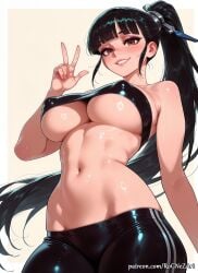 1girl 2026 ai_generated anime bangs bare_shoulders black_hair black_pants blunt_bangs blush boobs breasts brown_eyes cleavage covered_nipples crossover eve_(stellar_blade) eye_contact female female_focus flushed grin highres huge_breasts large_breasts lips long_hair looking_at_viewer midriff navel nsfw pants patreon patreon_username ponytail rognezart shift_up shiny shiny_clothes shiny_skin smile smiling solo stellar_blade stomach strapless sweat sweaty underboob very_long_hair