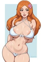 ai_generated bikini bleach flower_in_hair huge_ass huge_breasts huge_hips long_hair low_rise nipples_visible_through_clothing orange_eyes orange_hair orihime_inoue self_upload