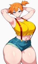 1girl ai_generated arm armpits arms_behind_head arms_up asymmetrical_hair blue_eyes blue_shorts blush breasts busty clothing crop_top denim denim_shorts female female_only huge_breasts kasumi_(pokemon) large_breasts looking_at_viewer midriff misty_(pokemon) navel orange_hair parted_lips pokemon ponytail shiny_skin shirt short_hair short_shorts shorts side_ponytail sleeveless smile solo standing suspender_shorts suspenders tank_top thick_thighs thighs tied_hair wide_hips yellow_shirt yellow_tank_top