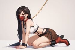 1girl adult ai_assisted ai_generated bangs bare_shoulders beautiful black_hair blond blue_eyes collar cowboy_hat final_fantasy_vii gold_chain hair_down hands_between_legs illustration knees_apart latex_mask leash_in_mouth long_hair looking_at_viewer looking_over_shoulder naked no_background nude on_knees red_collar red_eyes seductive_face sexually_suggestive sexy_pose short_girl showing_ass sleeveless slender_body small_boobs source_anime thigh_cuffs tifa_lockhart view_from_behind white_background
