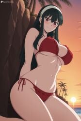 1girl ai_generated arms_behind_back beach bikini black_hair blush breasts cleavage closed_mouth digitalwaifugallery earrings frilled_bikini frills hairband hi_res high_quality high_resolution jewelry large_breasts long_hair looking_at_viewer navel ocean outdoors palm_tree patreon patreon_username red_bikini red_eyes seductive sexy side-tie_bikini_bottom sidelocks sky smile solo spy_x_family stomach sunset swimsuit thighs tree uncensored underboob watermark white_hairband yor_briar