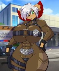 1girls anthro bodysuit cameltoe canine cleavage female female_only furry huge_breasts mastergodai muscular_female police policewoman project_zero rascals red_hair revy_nash skimpy smile solo thick_thighs white_hair wide_hips