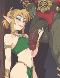 1boy 1femboy 2025 2boys ai_generated aqua_eyeshadow balls big_penis blonde_hair blue_eyes blush eyebrows eyelashes eyeshadow femboy feminine_male ganondorf girly green_body green_skin half-closed_eyes holding_another's_penis holding_penis large_penis link male male_pubic_hair penis penis_hold penis_holding pointy_ears precum precum_drip pubic_hair rappo smile smiling testicles the_legend_of_zelda trap vein veins veiny_penis yaoi