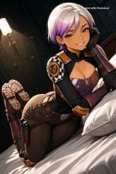 1girl ai_assisted ai_generated anklet bare_shoulders barefeet bedroom belt breasts brown_eyes chestplate cinematic_lighting cleavage cowboy_shot curvy_body detailed_feet dramatic_lighting dutch_angle elbow_pads eyes_half_closed feet_up from_above full_body gloves grin long_sleeves looking_at_viewer multicolored_hair narrow_waist petite pink_hair prone_position rim_lighting round_ass sabine_wren short_hair sitting small_breasts soft_breasts star_wars tanned_skin the_pose tired volumetric_lighting white_hair wide_hips