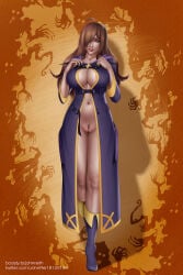 1girls big_breasts black_panties boosty_username breasts brown_hair cleavage fanart female full_body hair_over_one_eye highres john_reith kono_subarashii_sekai_ni_shukufuku_wo! no_panties pubic_hair pussy solo solo_female twitter_username wiz_(konosuba) yellow_eyes