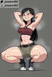 1girl ai_generated armpits arms_behind_head arms_up artist_name bandeau bare_shoulders belt black_belt black_eyes black_footwear black_hair breasts clothing criss-cross_halter crop_top female full_body green_shorts grey_background grin halterneck heather_(tdi) instagram_logo jennieart02 long_hair medium_breasts midriff navel o-ring o-ring_top patreon patreon_logo patreon_username red_bandeau shoes short_shorts shorts silent_hill simple_background smile sneakers solo spread_legs squatting steam steaming_body strapless sweat swept_bangs thick_thighs thighs tiptoes tube_top twitter twitter_logo twitter_username very_sweaty watermark web_address
