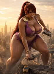 ai_generated city city_destruction giantess giganta gold_jewelry holding_object pink_dress red_hair streets