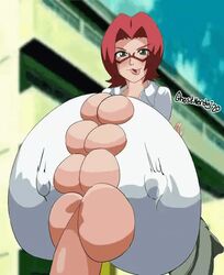 1boy 1boy1girl 1girls 2d 2d_animation alternate_breast_size animated big_breasts bleach breasts chizuru_honsho female ghostnerdy gigantic_breasts glasses greengiant2012 honshou_chizuru huge_breasts large_breasts nipple_bulge paizuri paizuri_under_clothes pov red_hair short_hair straight tongue tongue_out