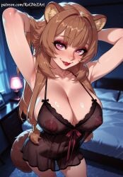 1girl 2026 ai_generated animal_ear_fluff animal_ears animal_tail anime armpits arms_behind_head arms_up babydoll bangs bed blunt_bangs blush boobs breasts brown_hair cat_ears cleavage collarbone covered_nipples cowboy_shot crossover exposed_nipples eye_contact female female_focus flushed heart heart-shaped_pupils highres huge_breasts indoors inside large_breasts lingerie long_hair looking_at_viewer makeup nightgown nipples nsfw patreon patreon_username pink_eyes raccoon_ears raccoon_girl raccoon_tail raphtalia red_lips rognezart see-through sidelocks smile smiling solo standing sweat sweaty symbol-shaped_pupils tail tate_no_yuusha_no_nariagari underwear very_long_hair