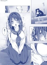 1boy 1girls blush breath class_3-z comic female genderswap_(mtf) gintama japanese_text katsura_kotarou kissing long_hair looking_at_viewer male medium_breasts monochrome open_mouth rule_63 saliva_trail school_uniform serafuku shirotamayunn sitting sweat takasugi_shinsuke wariza