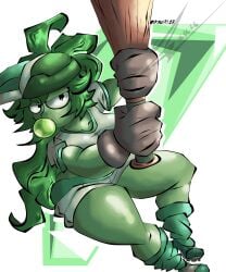 1girls baseball_bat blowing_bubblegum breasts bubble_gum female female_focus green_body humanized humanoidized large_breasts looking_at_viewer peashooter_(pvz) plants_vs_zombies short_shorts sportswear thick_thighs thighs wide_hips