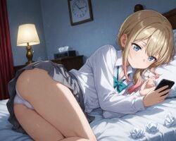 1girl ai_generated aianoart alarm_clock aqua_bow ass bad_girl_(manga) bangs bed bed_sheet bedroom black_skirt blonde_hair blue_bow blue_eyes blush bow bowtie cellphone clock closed_mouth collared_shirt curtains dress_shirt gradient_hair grey_skirt holding holding_phone indoors lamp long_hair long_sleeves looking_at_phone lying miniskirt multicolored_hair on_bed on_side panties phone pillow pink_hair pleated_skirt school_uniform shirt skirt smartphone solo suzukaze_suzu thighs tissue tissue_box underwear used_tissue wall_clock white_panties white_shirt