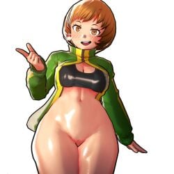 1girls 3d atlus biyo blush bottomless brown_hair female jacket persona persona_4 satonaka_chie short_hair smile sports_bra tomboy