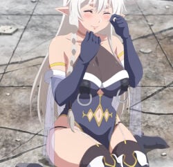 1girls blue_eyes blush breasts clothing copyright_request elf elf_ears elf_female eyes_closed hips large_breasts navel pointed_ears screencap stitched thick_thighs thighhighs thighs white_hair