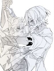 aether_(genshin_impact) blood_drip blood_on_face blood_stain blush blush_lines blushing cock dominant_male erect_penis erection gay gay_male genshin_impact grabbing half_naked hard_cock hard_on hard_penis on_top possession precum precum_drip precum_on_penis precum_string precum_trail scaramouche_(genshin_impact) wanderer_(genshin_impact)