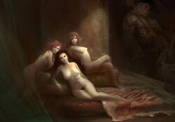 1boy 3girls black_hair brown_hair femsub guard harem large_breasts long_hair looking_at_viewer manzanedo monster nude nude_female original original_characters painting painting_(artwork) pubic_hair red_hair submissive_female troll voluptuous