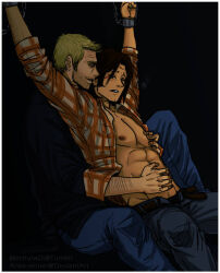 blonde_hair bondage brunette brunette_hair chain_bondage chained chained_up chains gay homosexual lucifer_(supernatural) muscular muscular_male noncon sam_winchester shirt_up six_pack supernatural_(series) touching_pecs yaoi
