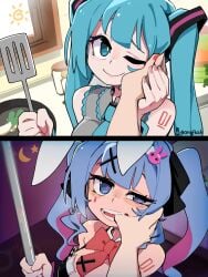 1girls bongftah cute_expression finger_in_mouth hatsune_miku horny_expression pov rabbit_hole_(vocaloid) thumb_in_mouth two-sided_dress vocaloid