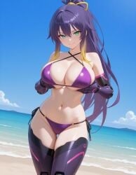 ai_generated bikini boobs breasts green_eyes kirrie_ishida purple_bikini purple_hair robot_girl robot_humanoid robotic_arm robotic_legs sexy tits