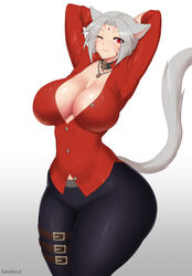 big_breasts cat cat_ears cat_tail catgirl curvy eyelashes eyeliner final_fantasy final_fantasy_xiv furry hands_up happy hourglass_figure huge_ass kainkout mikata_(sukkurokun) miqo'te red_eyes smile sukkurokun tail thick thick_thighs thin thin_waist voluptuous winking